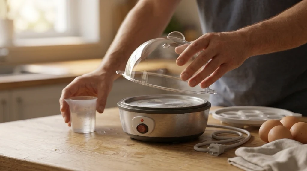 Practical egg cooker test checking cup, tray, lid, cord, heating plate, vent, water, and settings.