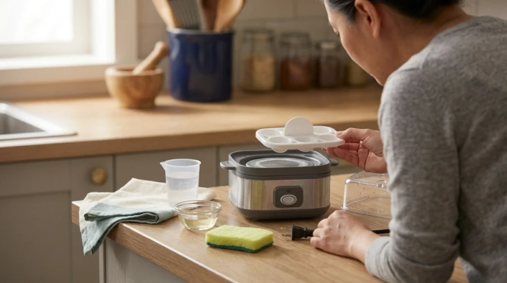 Unplugged egg cooker being checked for water level, tray fit, lid fit, and mineral buildup.
