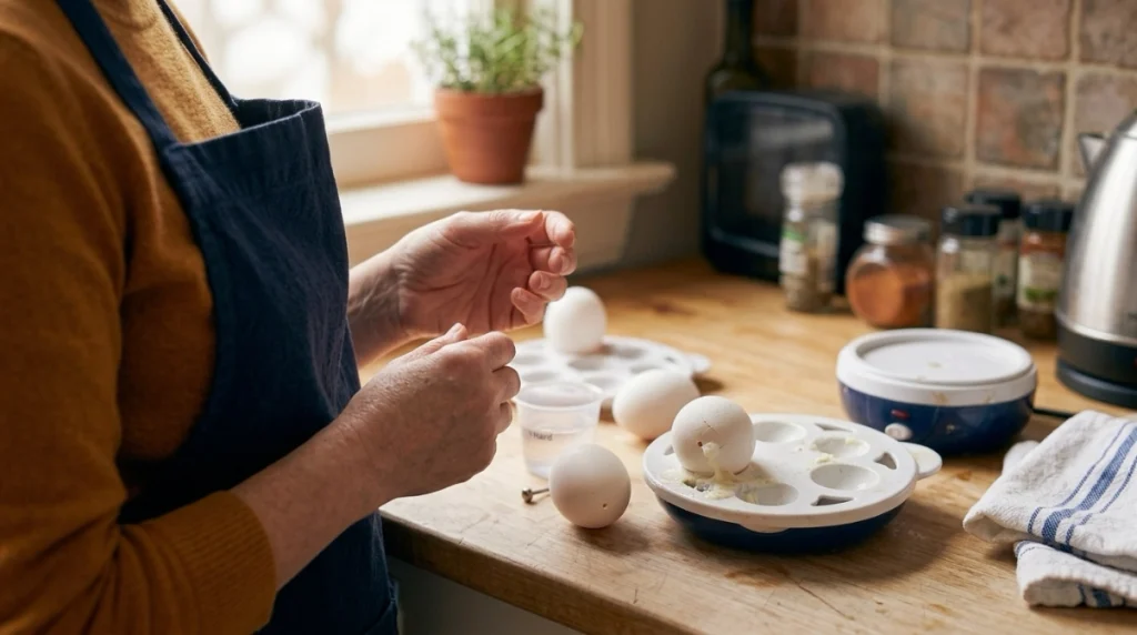 What side of egg to pierce for egg cooker after comparing a leaking egg with a correct result.