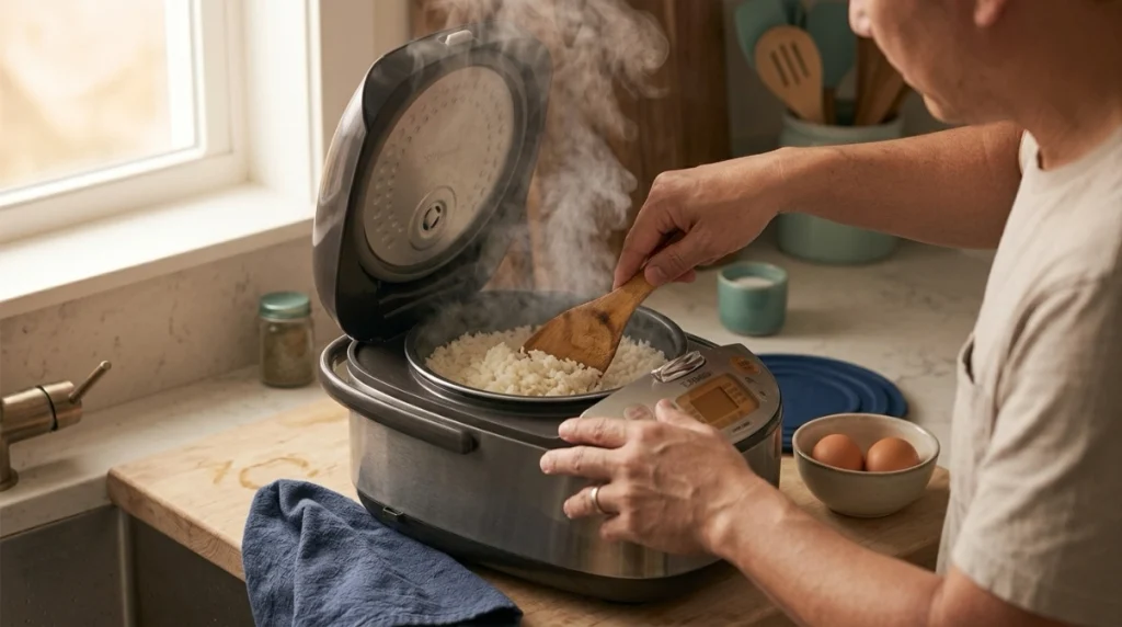 When should I add egg to rice cooker shown by checking absorbed water and active steam.
