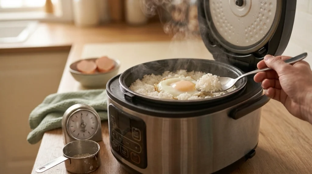 Successfully cooked egg on rice after adding one egg near the end of the rice cooker cycle