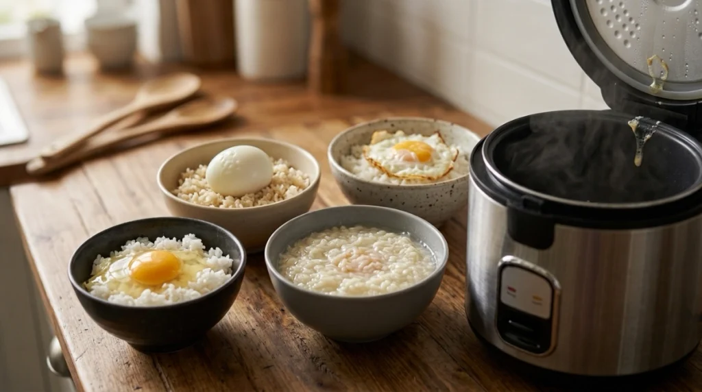 Loose white, dry yolk, and soggy rice showing poor egg timing in a rice cooker.