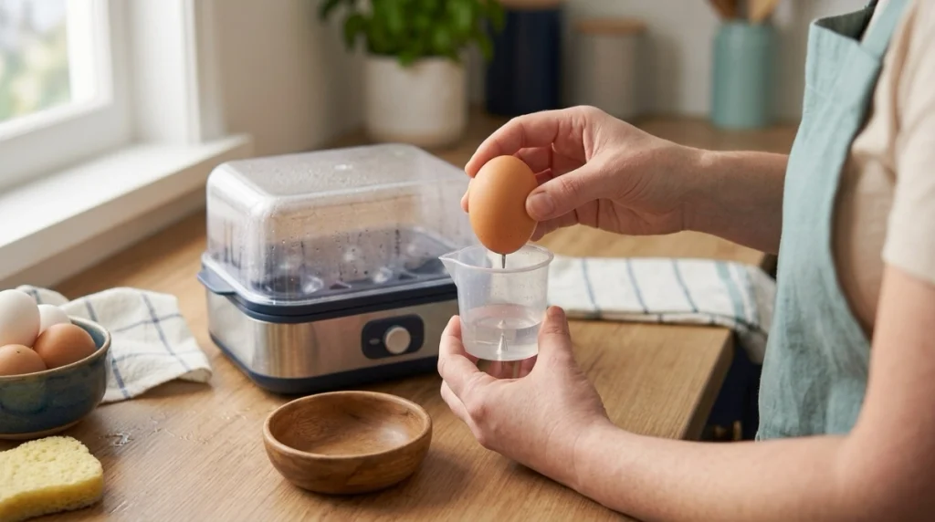 Home cook piercing the wide rounded end of an egg with an egg cooker measuring-cup pin