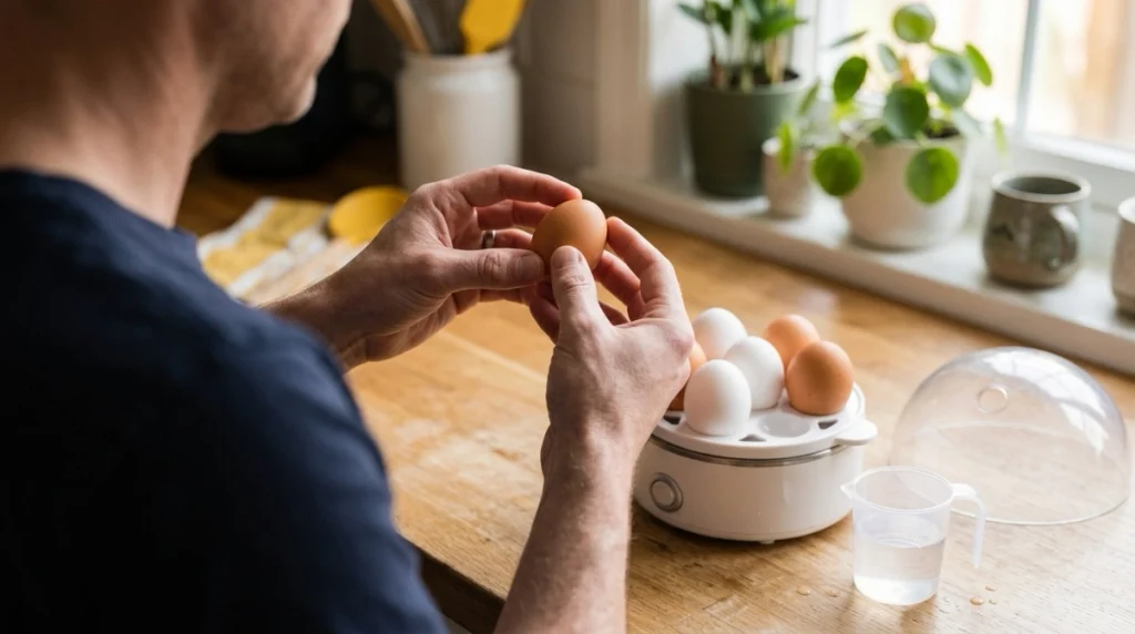 Person placing an egg pointed end down beside an egg cooker measuring cup and clear lid