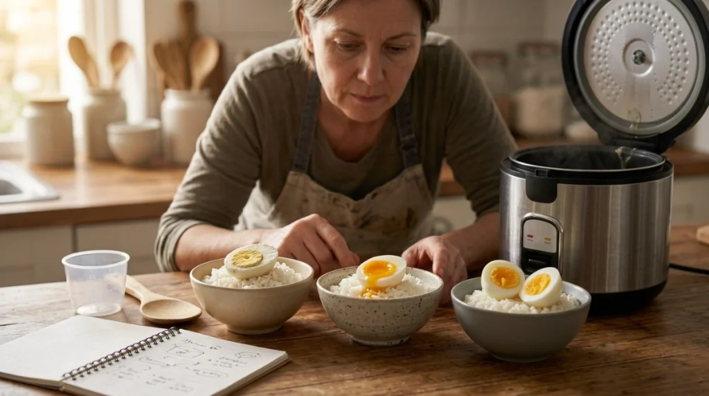 Three rice cooker egg tests showing early, late, and steam-tray timing results.