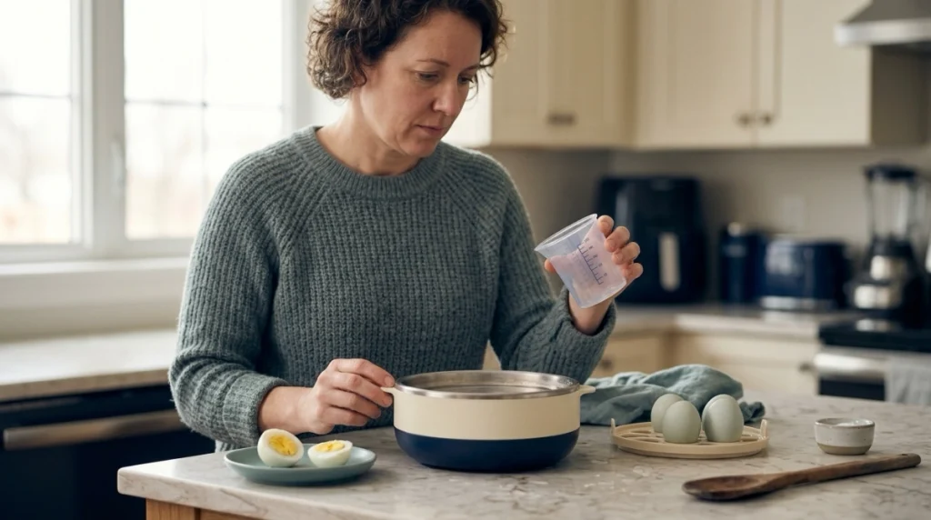 Home egg cooker test with measuring cup, heating basin, firm egg, and cleaning cloth