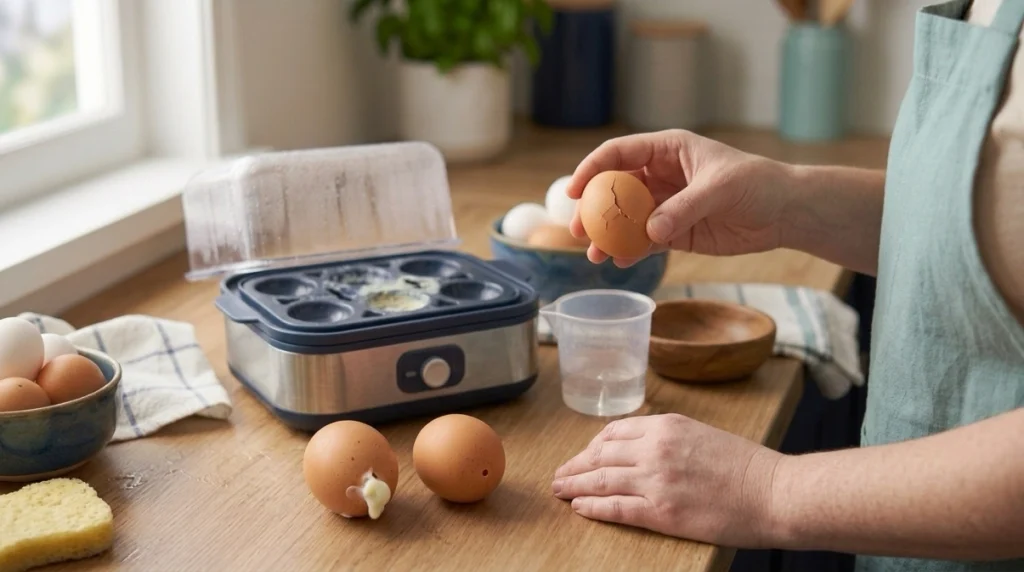 Side-by-side egg test comparing narrow-end and rounded-end piercing in an electric egg cooker