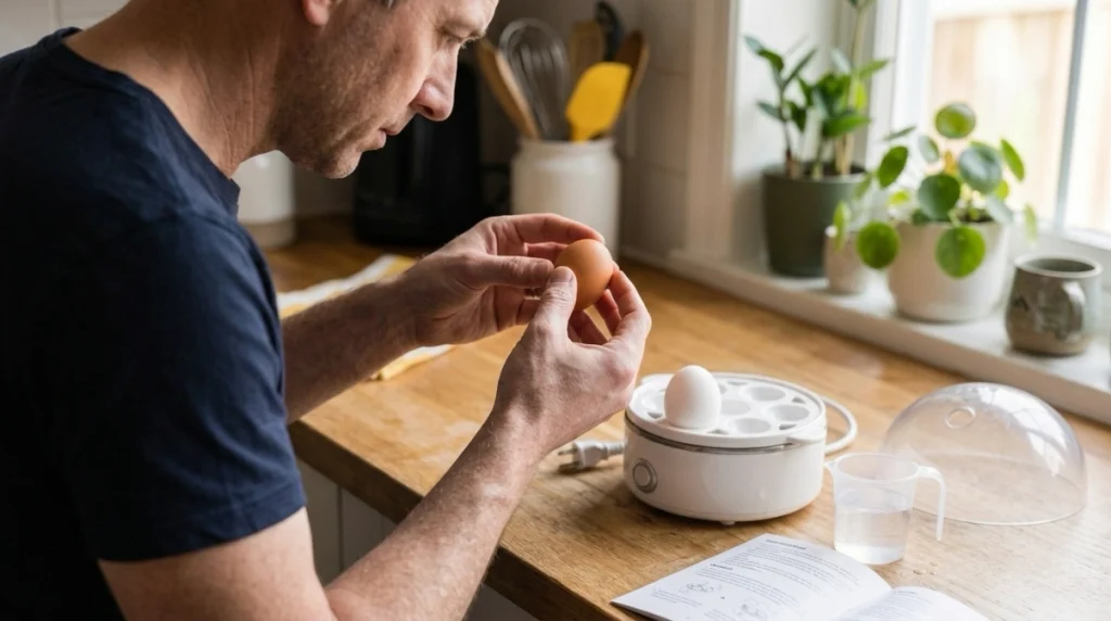 Home cook checking egg shape, tray fit, water cup, and lid before using an egg cooker
