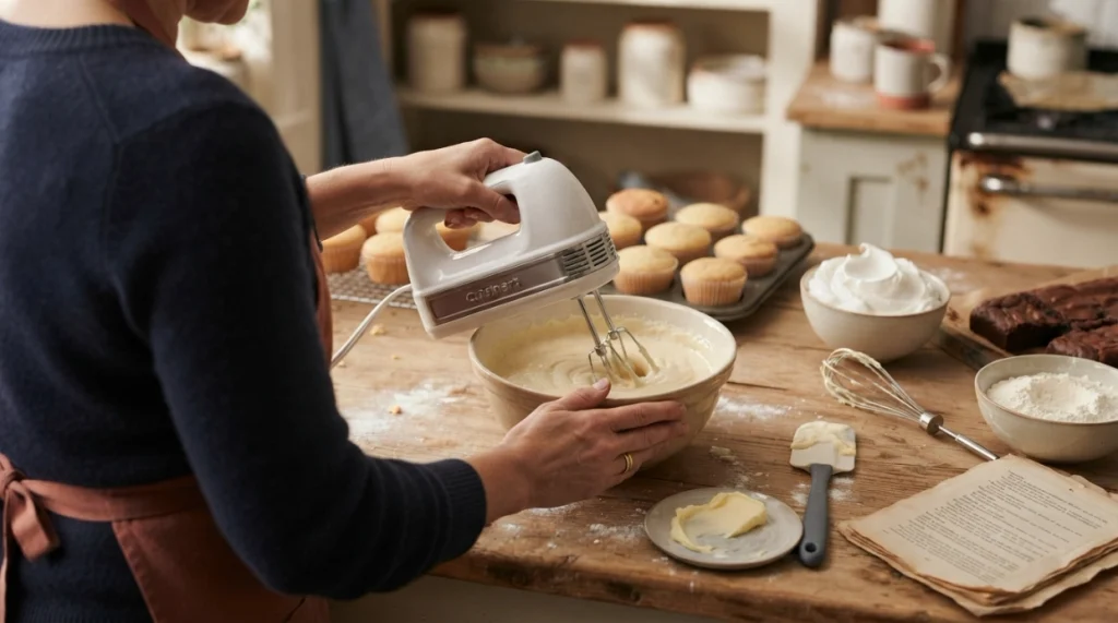 Home baker using a hand mixer at low speed in a roomy bowl with baking tools nearby.