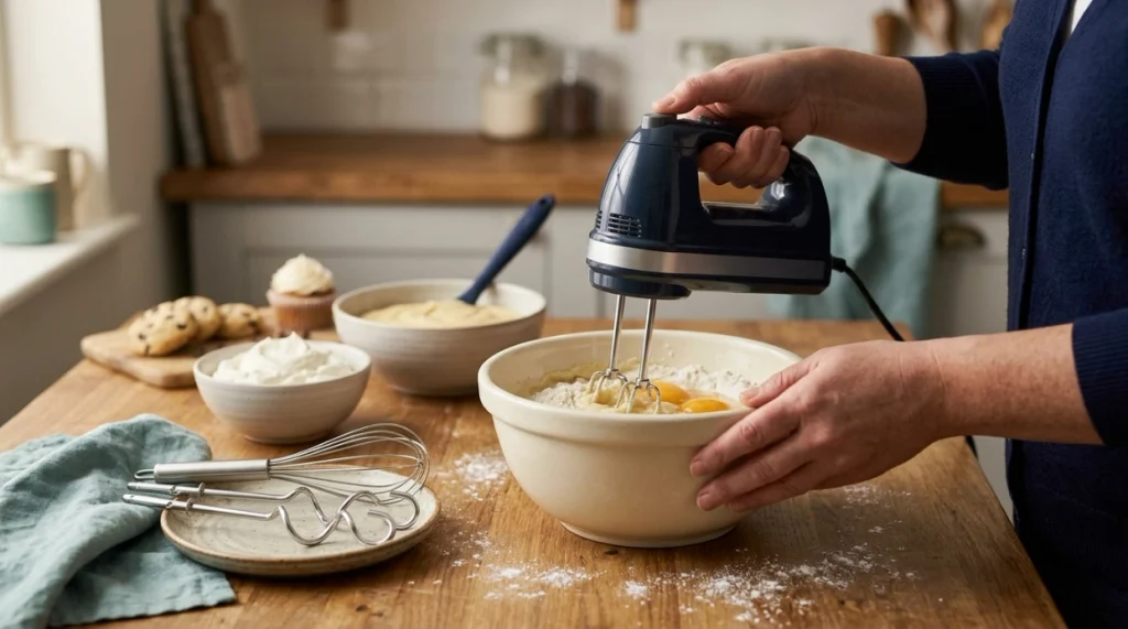 Cook starting a hand mixer on low speed beside beaters, whisk, dough hooks, and cake batter.