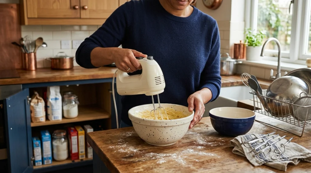 Why use a hand mixer shown with compact storage, interchangeable bowls, beaters, and speed controls
