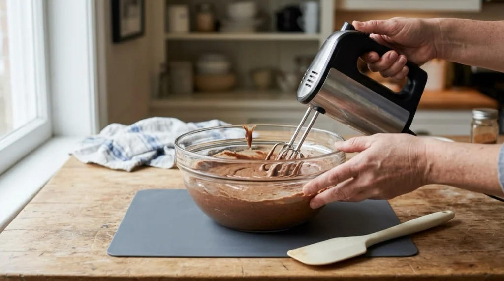 Hand mixer beaters working inside a glass bowl on a non-slip mat without striking the bowl sides.