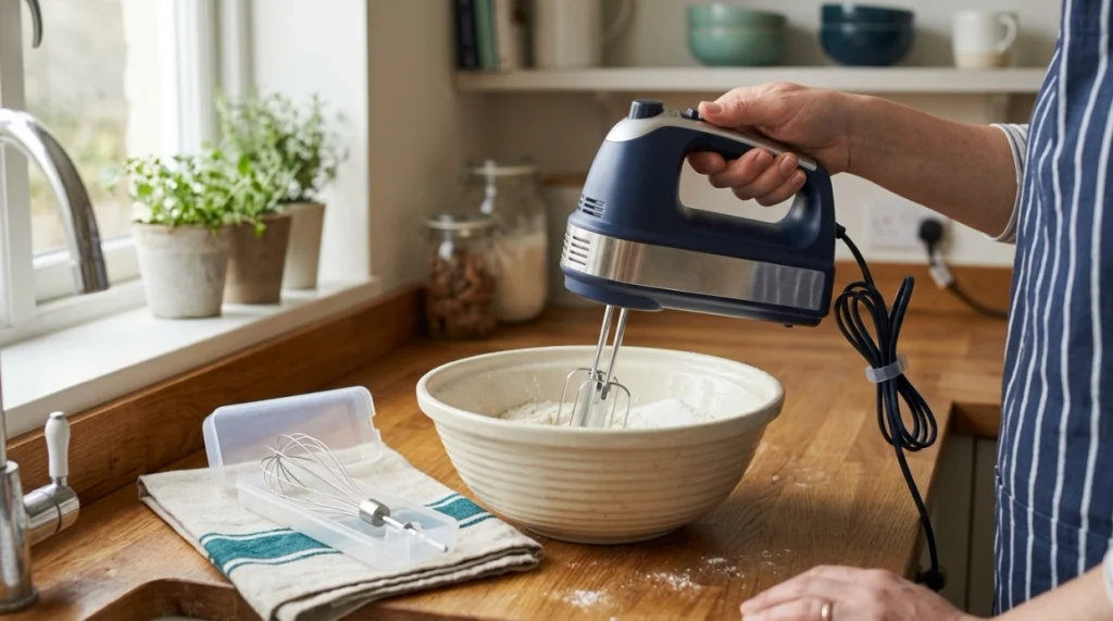 Home cook safely preparing an electric hand mixer with dry housing and correctly fitted beaters.