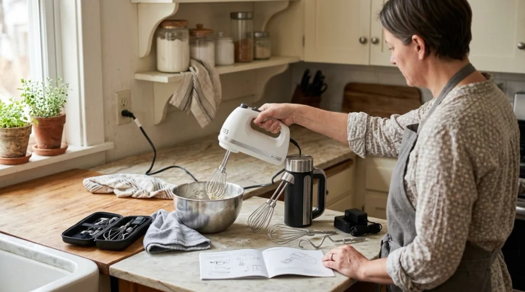 Home cook comparing hand mixers for power source, controls, attachments, comfort, storage, and cleaning