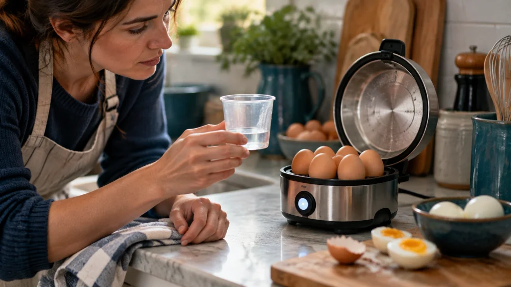 Home cook checking water and mineral buildup after an egg cooker beeps early