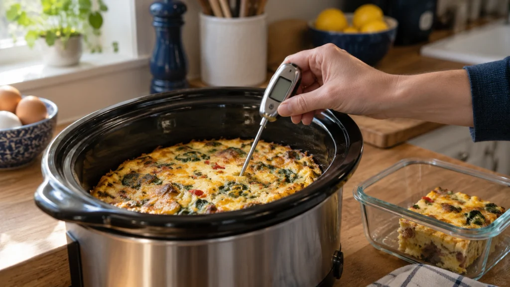 Food thermometer checking the center of a slow-cooked egg casserole