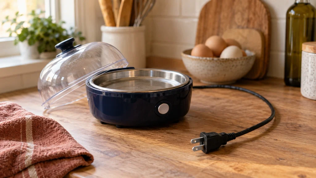 Unplugged egg cooker and power cord being inspected for overheating warning signs