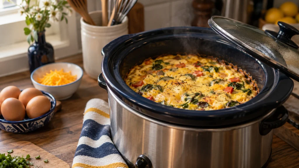 Slow cooker preparing a moist egg casserole with whole eggs nearby