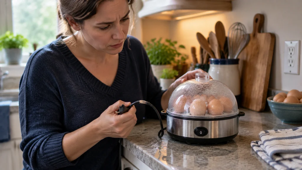 Unplugged egg cooker with water near damaged base and power cord in a kitchen