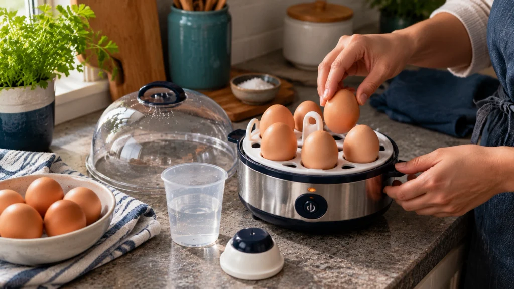 Egg cooker setup with measured water, eggs, piercer, and clean heating plate