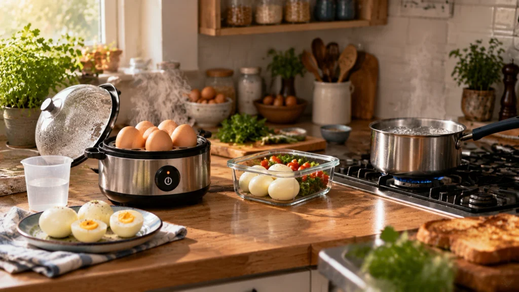 Egg cooker and saucepan compared in a practical home kitchen for meal prep