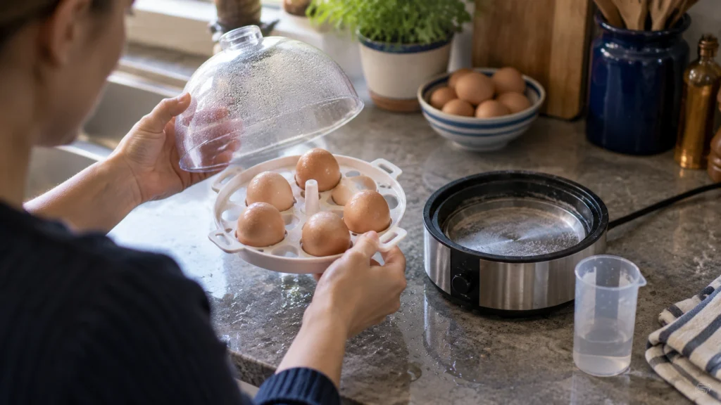 Person inspecting a leaking egg cooker, measuring cup, tray, lid, and heating plate