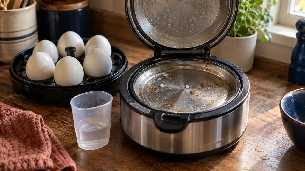 Egg cooker heating plate with brown residue and water measuring cup