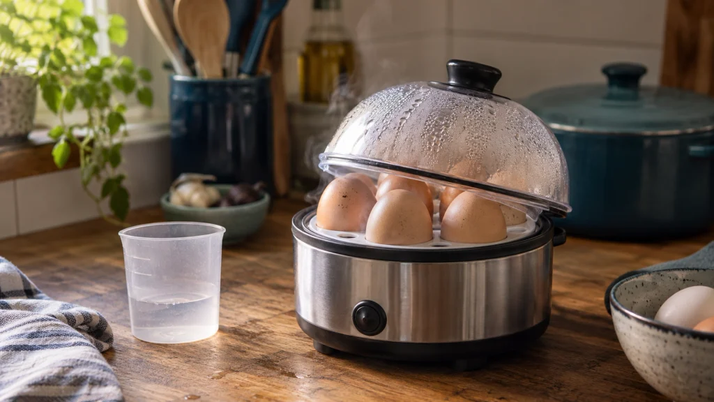 Egg cooker steaming eggs with measuring cup and visible heating process