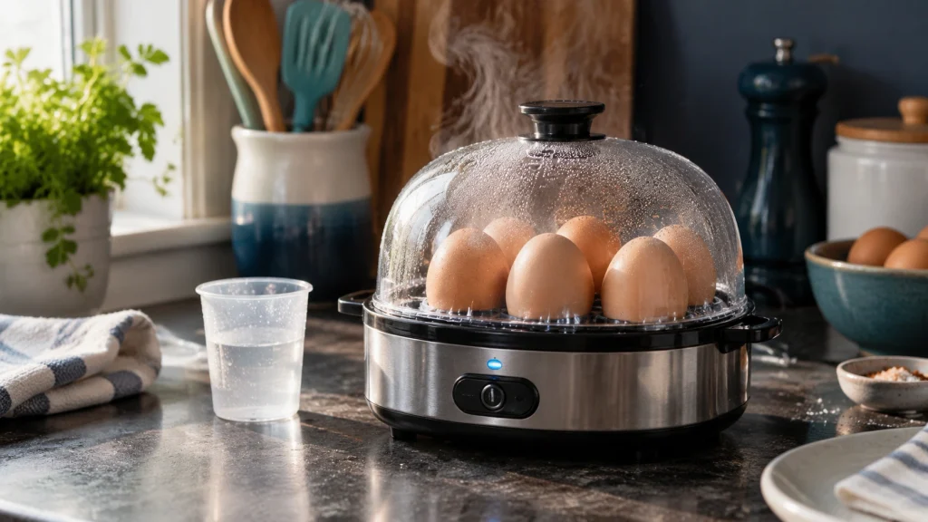 Egg cooker showing gentle bubbles and steam during normal cooking
