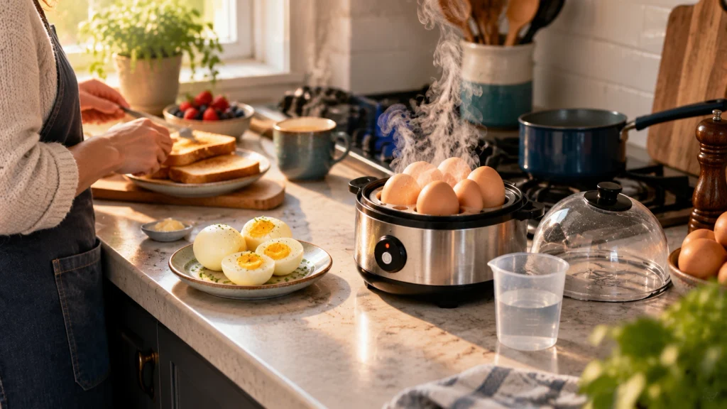 Home cook using an egg cooker instead of a saucepan for breakfast eggs