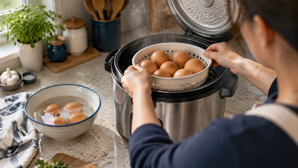 Home cook placing eggs into a rice cooker steaming basket
