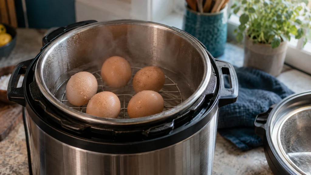 Intact eggs on a trivet inside a pressure cooker with water below