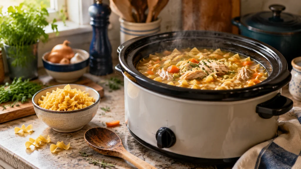Egg noodles cooking in a slow cooker filled with hot broth