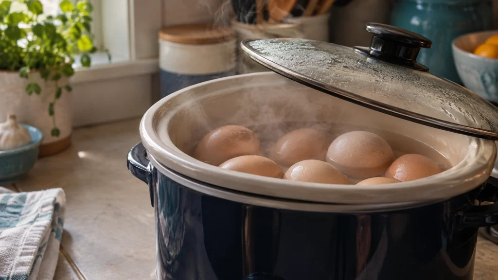 Whole shell eggs cooking gradually inside a crock pot