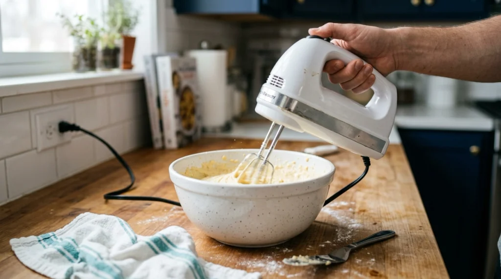 Corded hand mixer plugged into a wall outlet while spinning beaters in cake batter