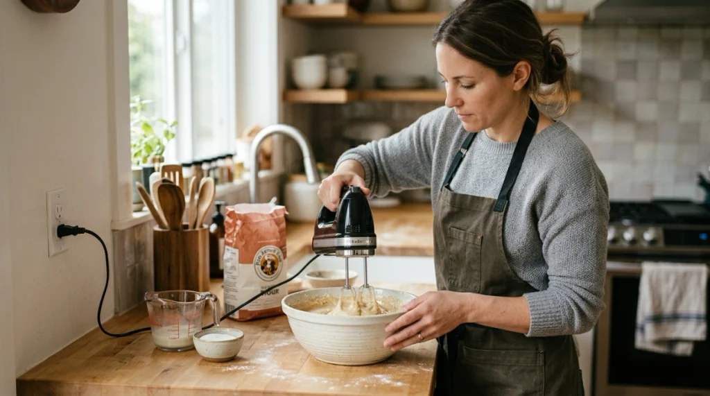 Hand mixer used in a bowl with clear countertop space for safe, comfortable mixing