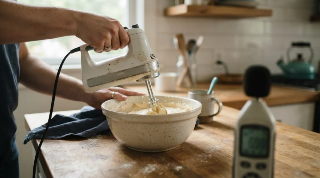 Hand mixer beside a sound meter illustrating typical 70–85 dBA kitchen noise.