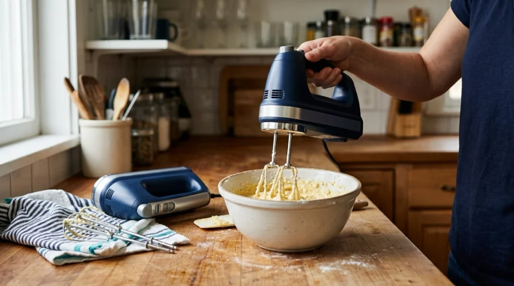 Electric hand mixer with twin beaters showing why hand mixer and handheld mixer mean the same thing