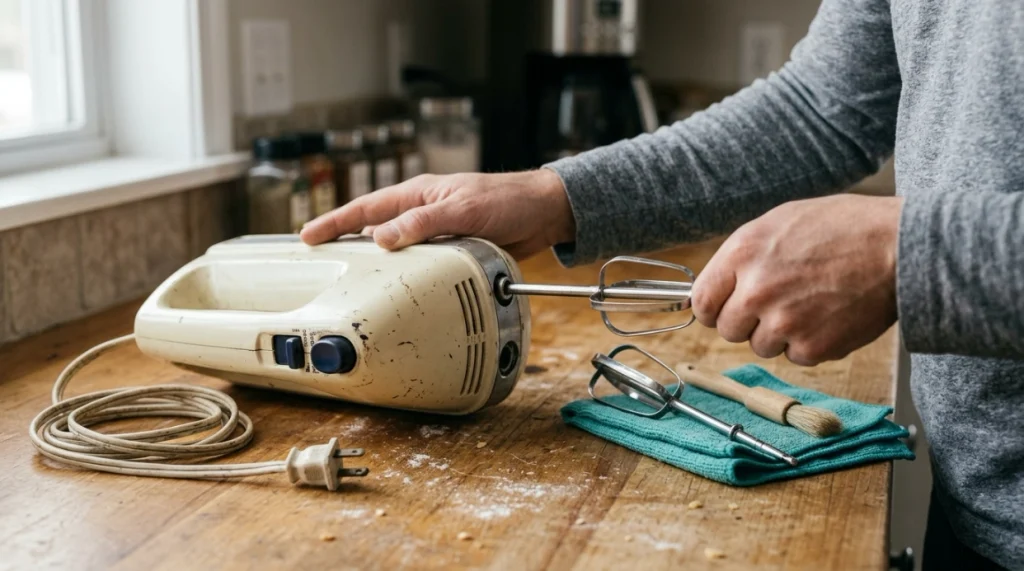 Home cook checking hand mixer beaters, sockets, vents, controls, and unplugged power cord for wear