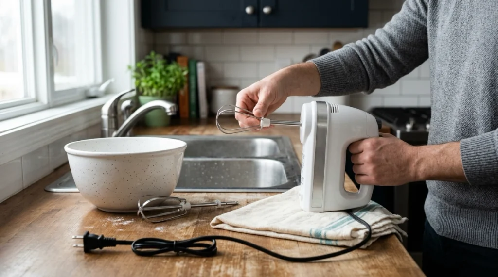 Home cook safely unplugging a hand mixer before removing beaters for cleaning
