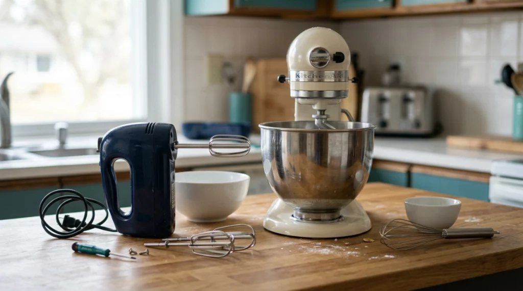 Hand mixer beside a stand mixer and manual whisk for a practical kitchen tool comparison