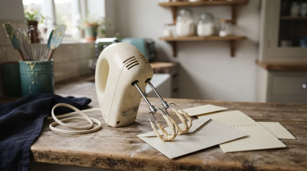 Used hand mixer beside warranty documents illustrating the difference between coverage and appliance lifespan