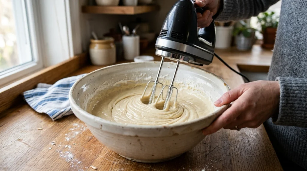 Electric hand mixer beaters circulating cake batter and drawing flour from the bowl edges.