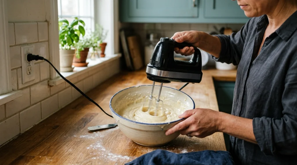 Corded hand mixer running from a wall outlet while beaters mix cake batter in a bowl