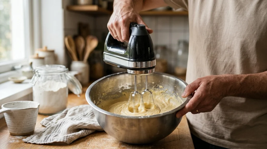 Cordless hand mixer using rechargeable battery power to rotate beaters through cake batter.