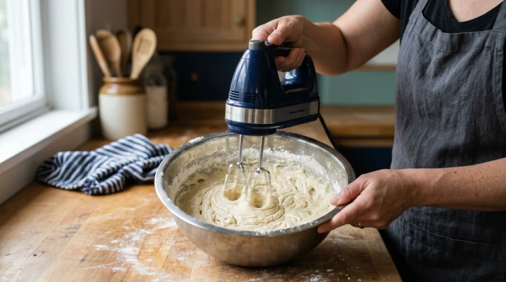 Hand mixer rotating twin beaters through cake batter at controlled speed