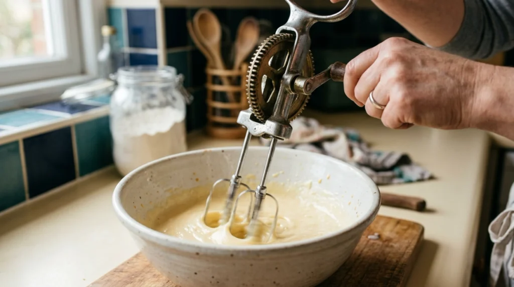 Close-up of a manual hand mixer crank and gears rotating twin beaters in a bowl
