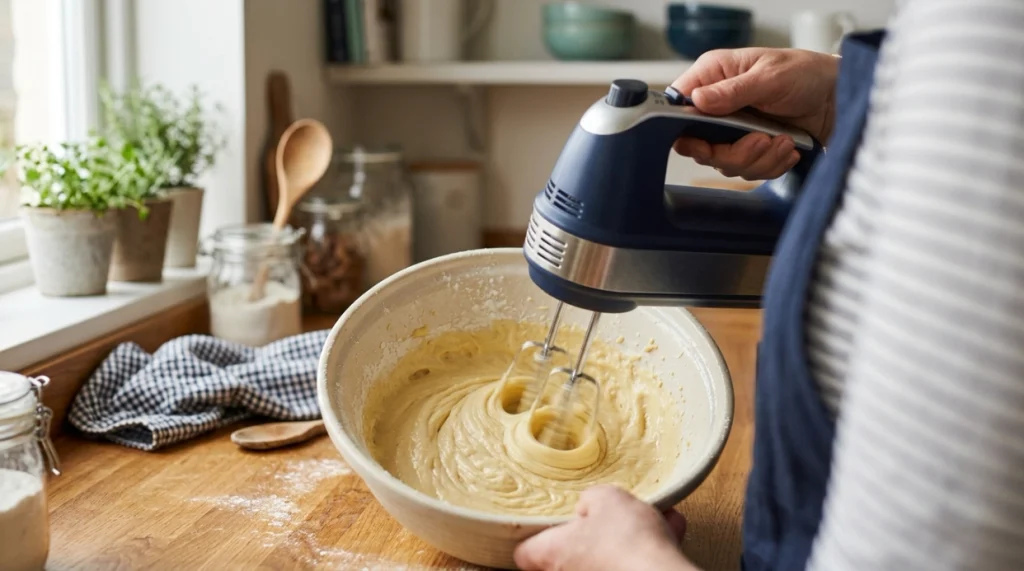 Electric hand mixer rotating twin beaters through cake batter in a ceramic kitchen bowl.