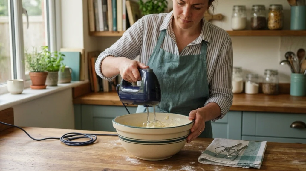 What is a hand mixer used for safely, showing correct low-speed mixing in a roomy bowl.