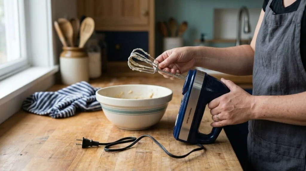 Unplugged hand mixer beside mixing bowl as beaters are removed safely on a dry counter